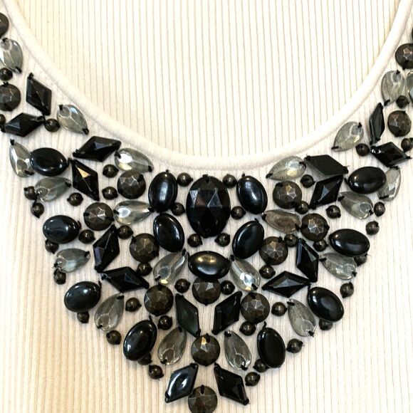 Ruby Red Knit Beaded Tank Top Womans 1X Tight knit Cream w/Black Clear Beads - Picture 4 of 7